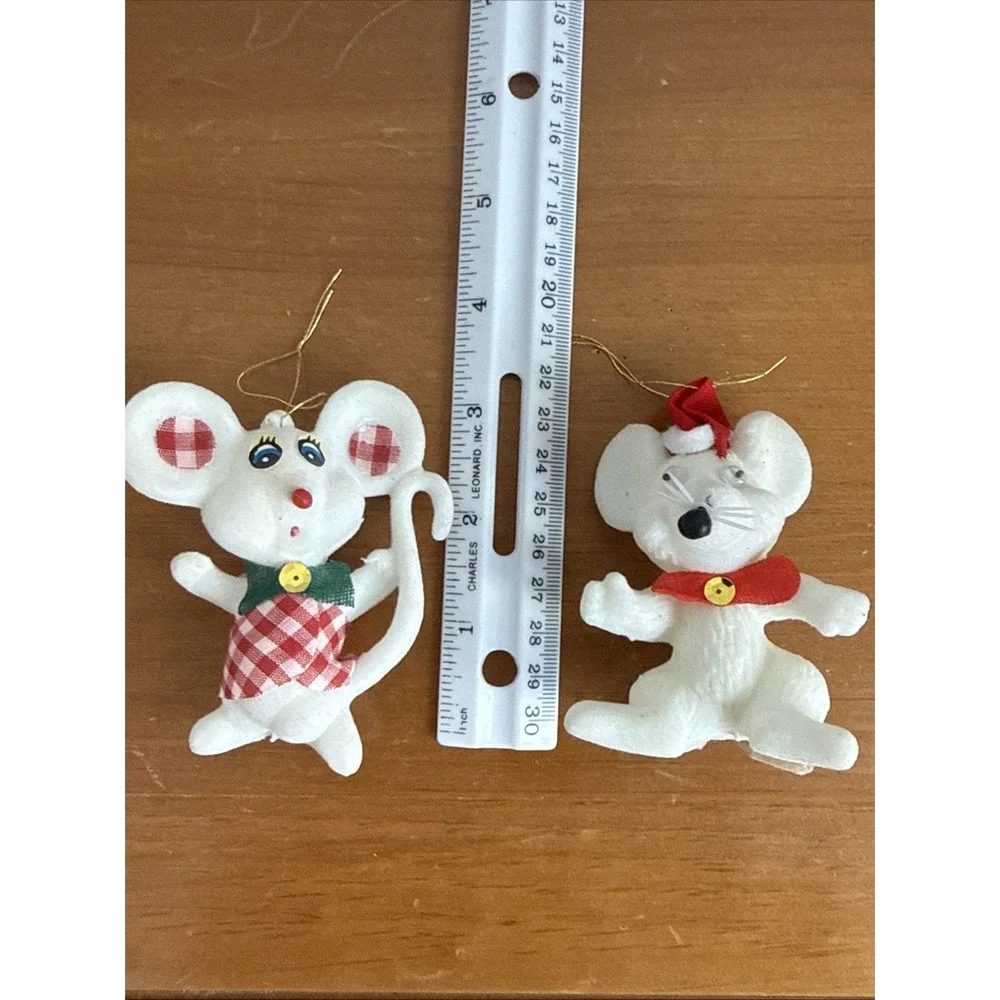 Pair Vintage Flocked White Christmas Mouse Ornaments Kitsch MCM